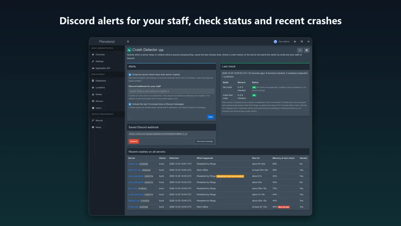 Crash Detector admin page with alert settings, the saved Discord webhook, the last check per node and recent crashes