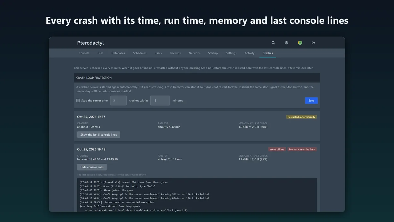 Crashes tab on a Pterodactyl server listing two crashes with run time, memory near the limit and the last console lines