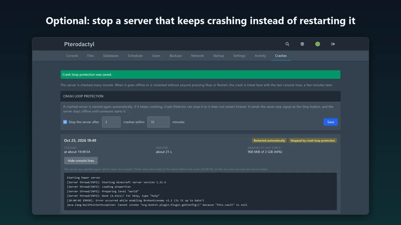Crash loop protection set to stop the server after 3 crashes within 10 minutes, and a crash stopped by it