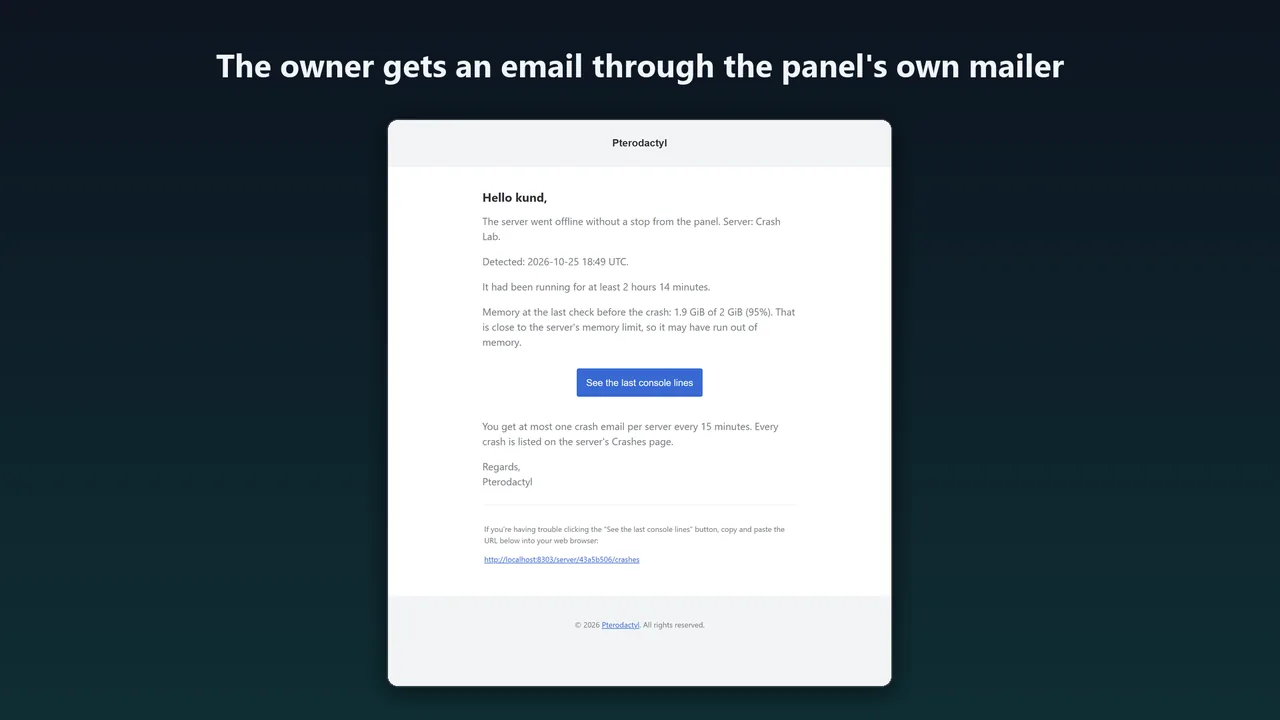 Email to the server owner: the server went offline without a stop from the panel, with run time, memory and a link to the console lines