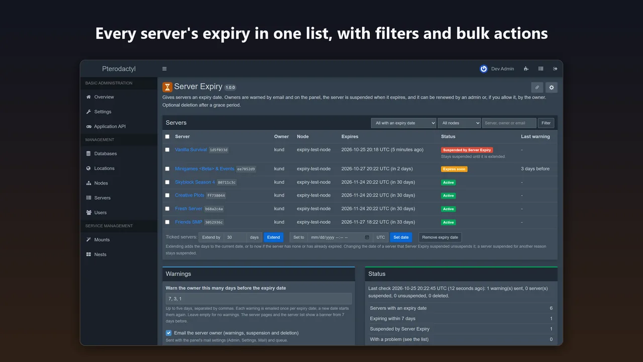 Server Expiry admin page listing every server with its expiry date and status, bulk actions, warning settings and status