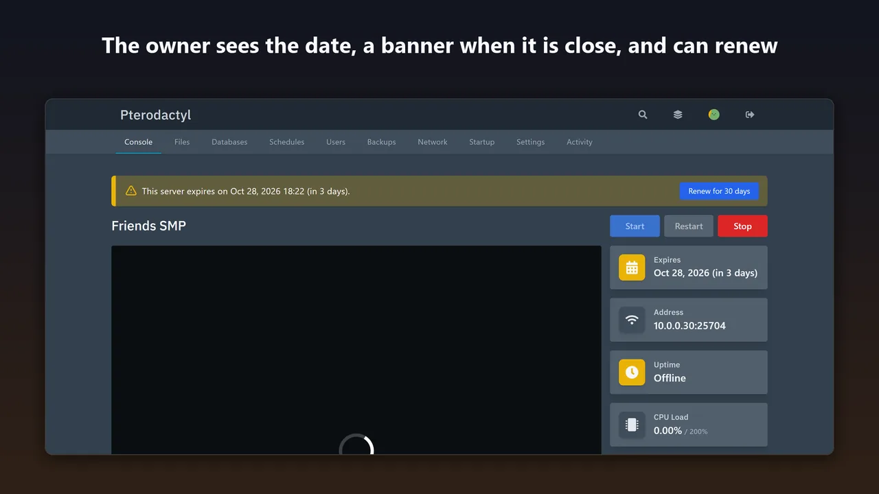 Pterodactyl console page with a banner that the server expires in 3 days, a Renew for 30 days button and an Expires box