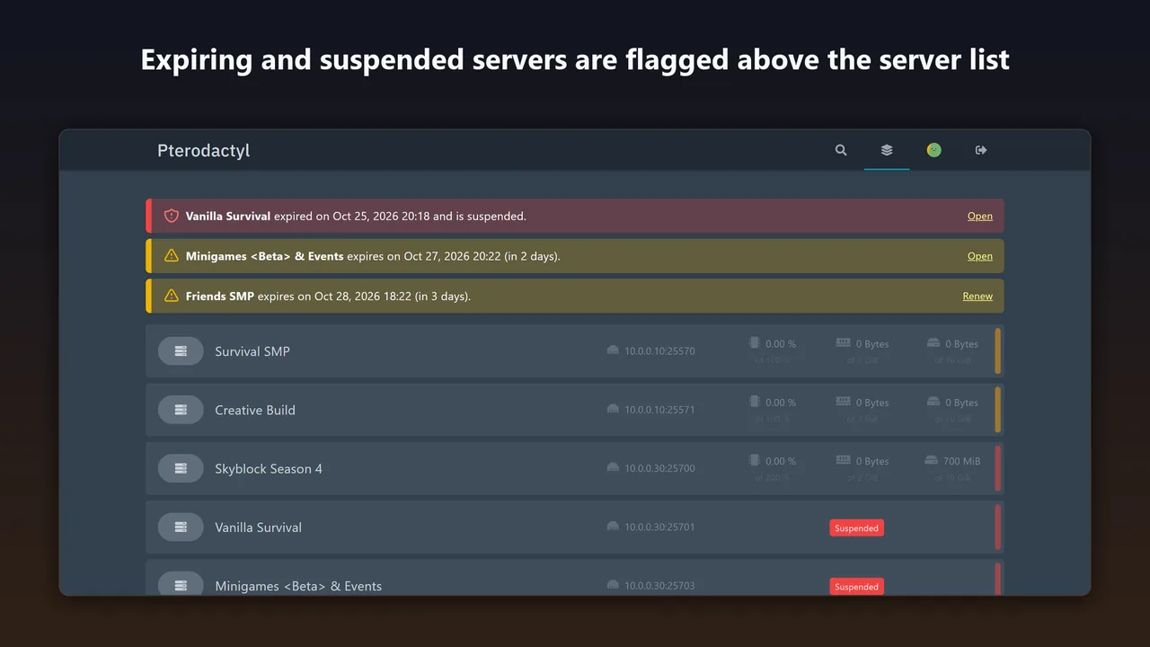 Banners above the server list for one expired and suspended server and two that expire soon
