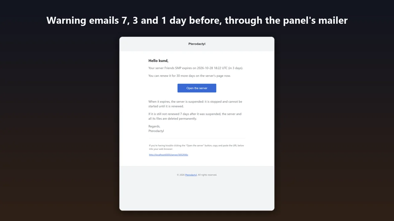 Warning email: the server expires in 3 days, it can be renewed for 30 more days, and what happens at expiry
