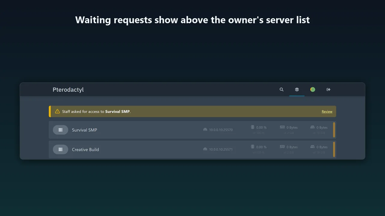 Notice above the owner's server list saying staff asked for access to a server, with a Review link