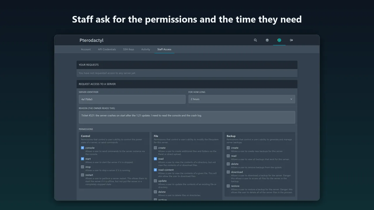 Staff request form with the server identifier, how long, the reason and the permissions to ask for