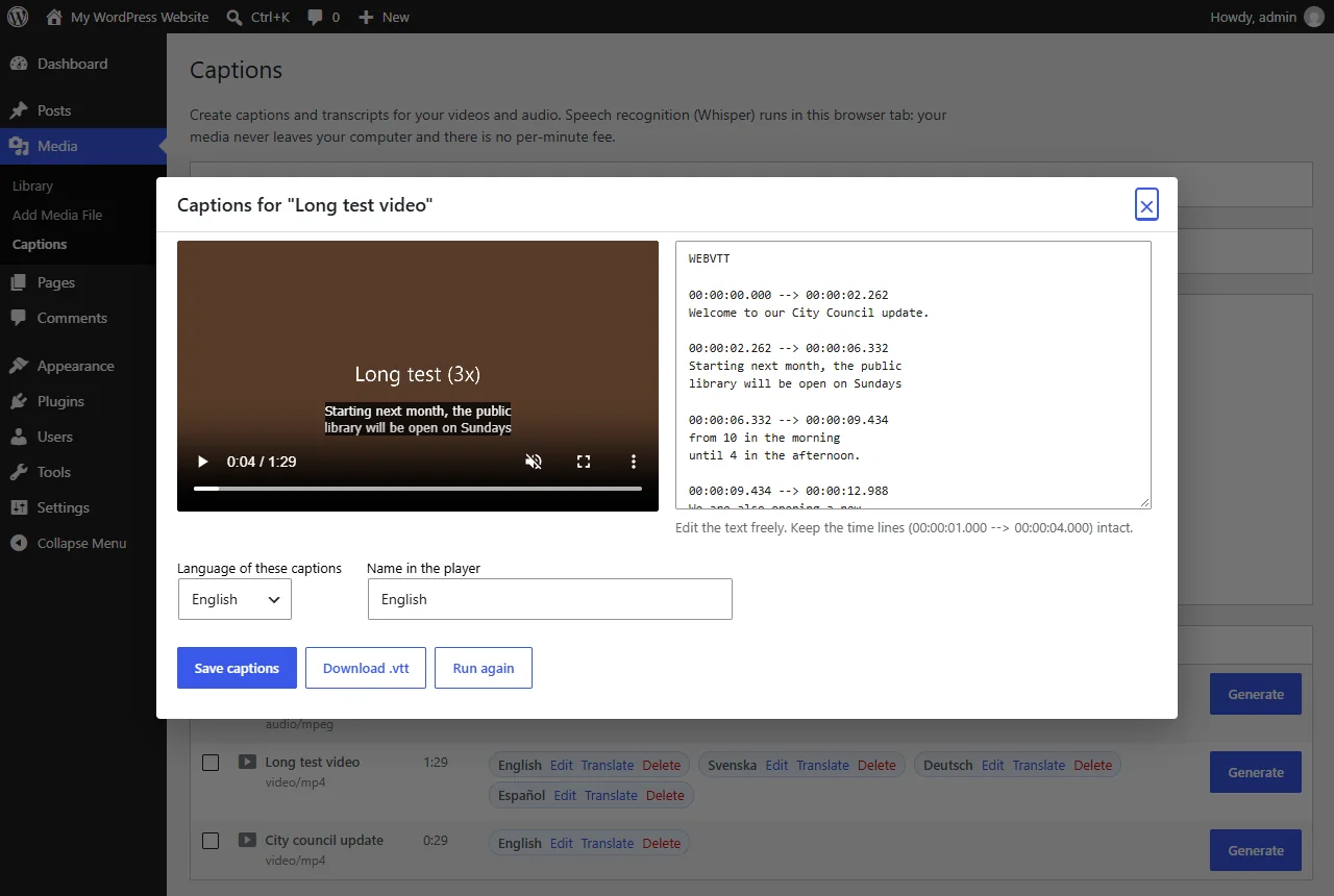 Caption editor with live preview