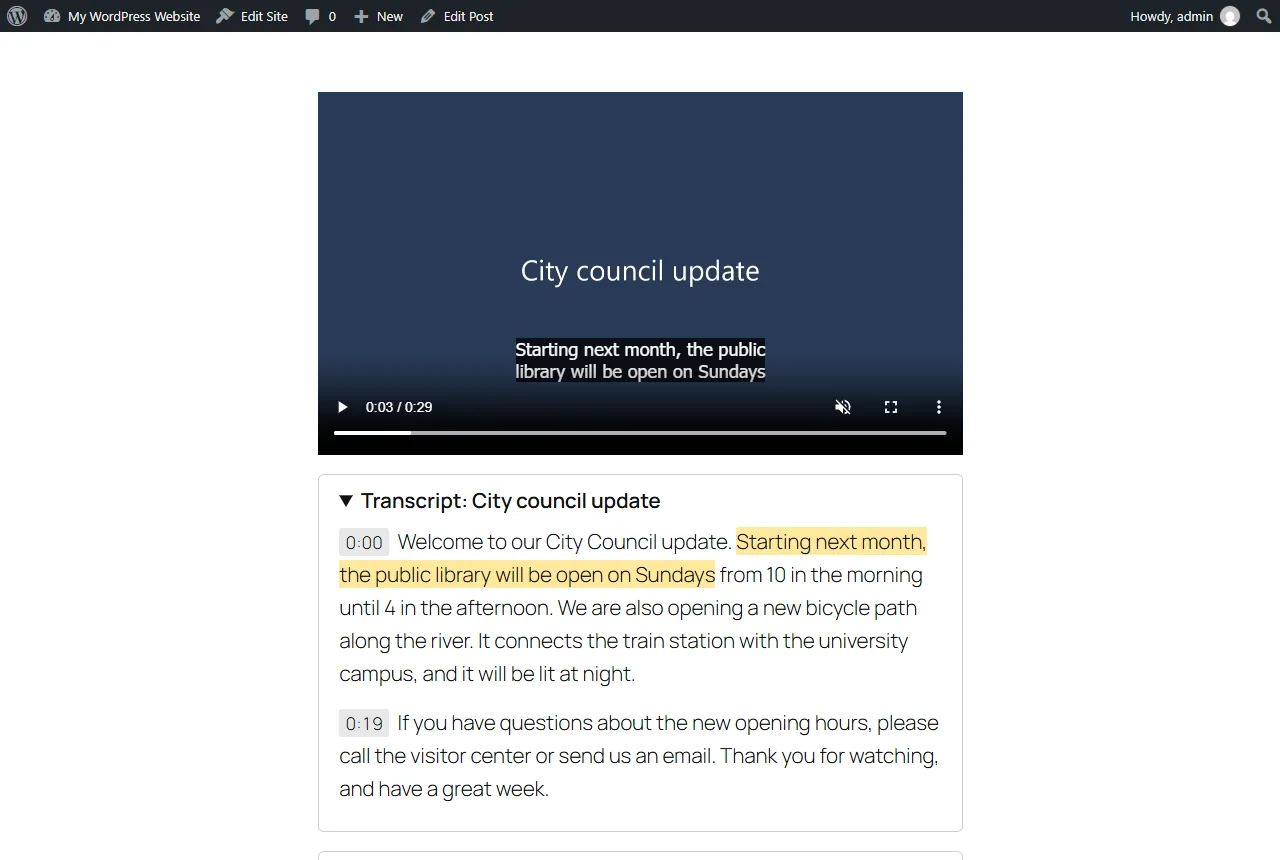 Captions and interactive transcript under a video
