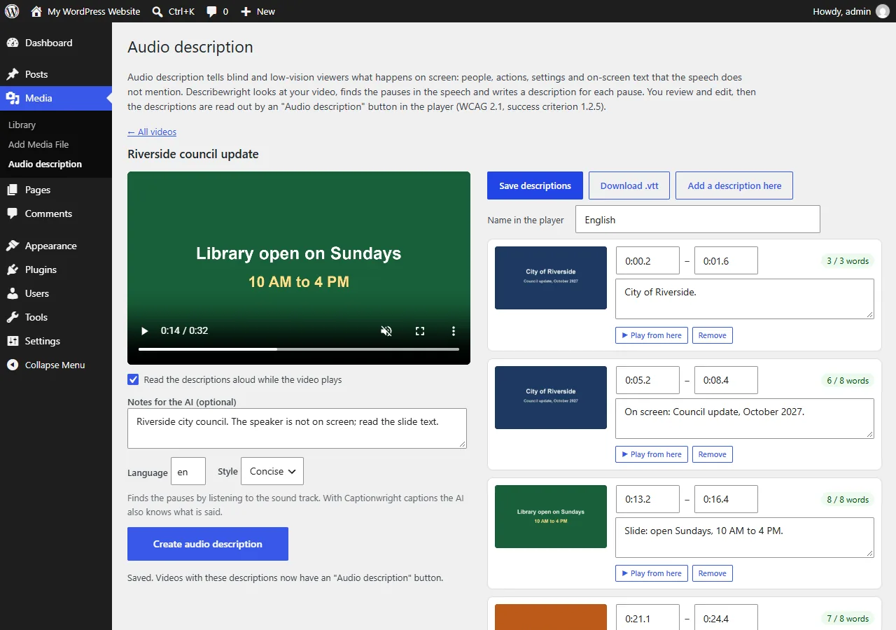 Describewright editor: the video on the left and each description with its frame, times and word budget on the right