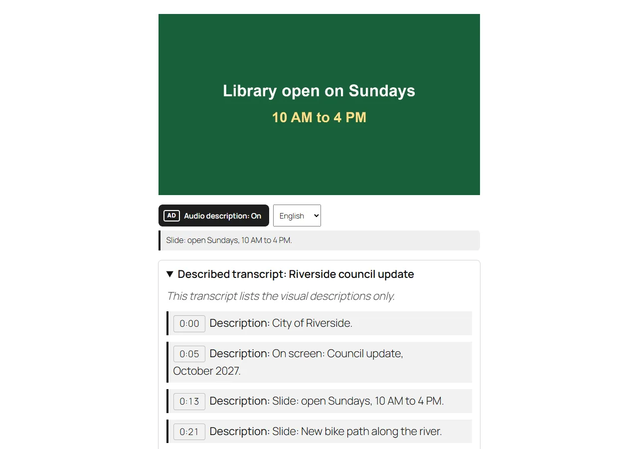 A video with the Audio description button turned on, a language picker, the current description as text and the described transcript below