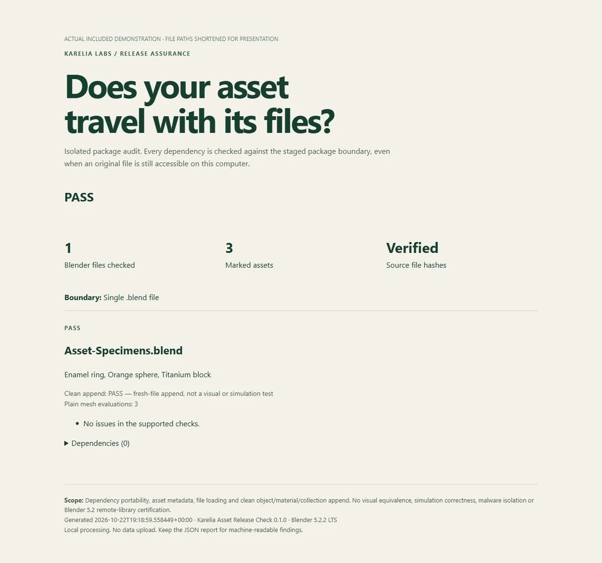 Asset Release Check HTML report: PASS for one .blend file with three marked assets and verified source hashes