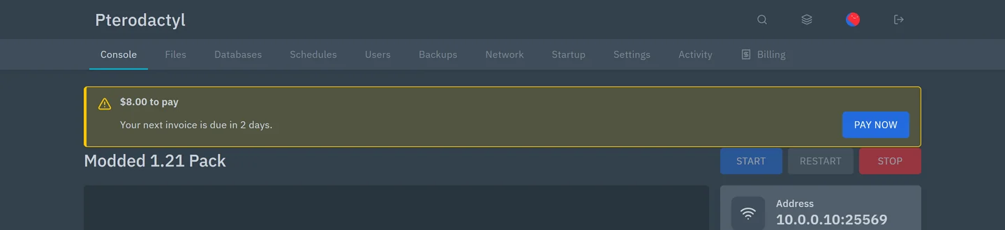 Banner above the server console saying payment is due soon