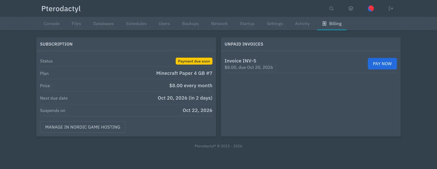Billing page inside Pterodactyl 2.0 showing the plan, price, next due date and an unpaid invoice with a Pay now button