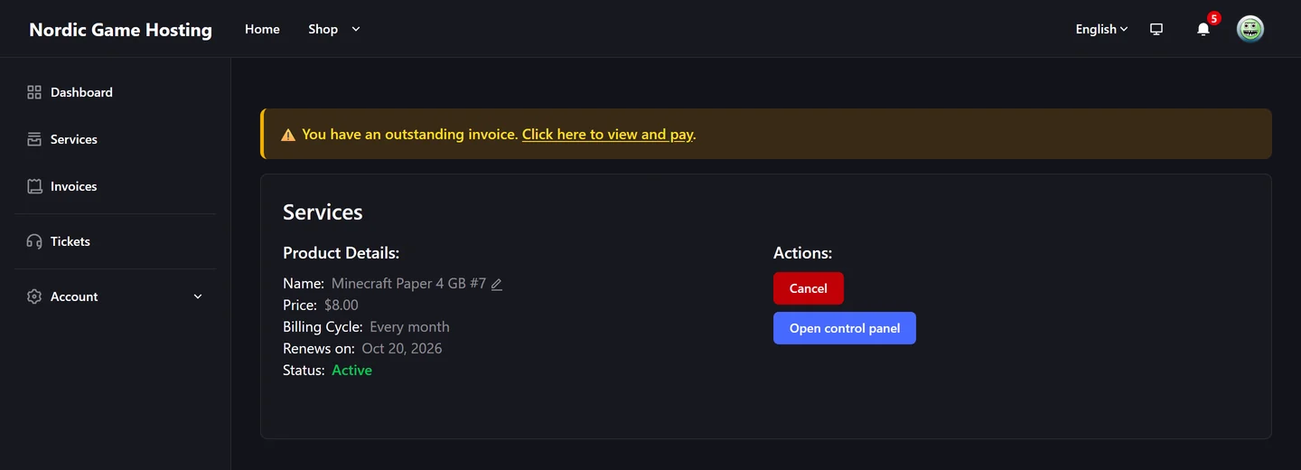 Paymenter service page with an Open control panel button