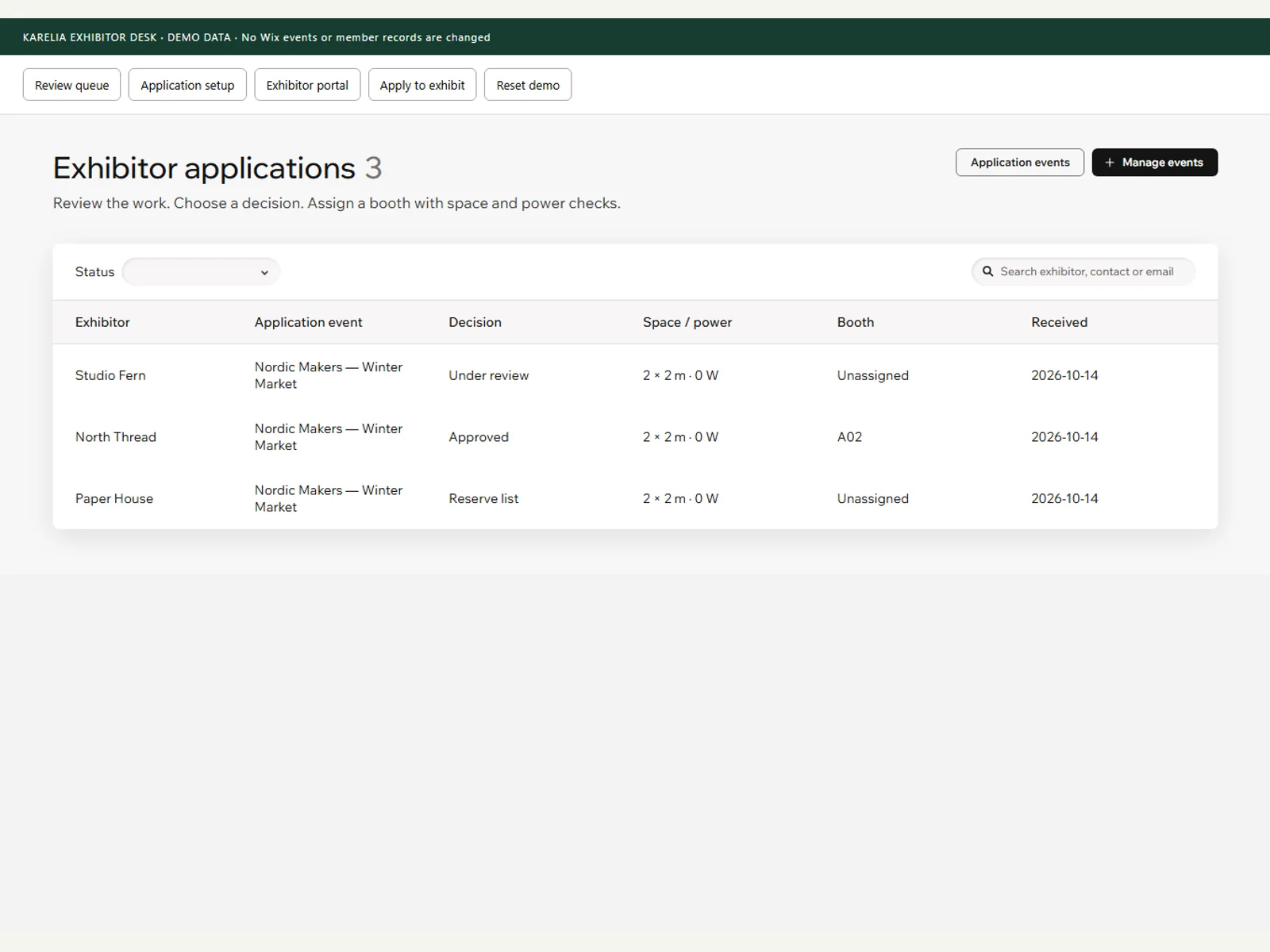 Exhibitor applications with application event, decision, space and power, booth and date received