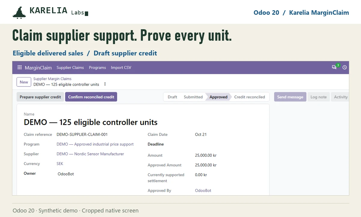 Odoo supplier claim with program, supplier, approved amount and the delivered sales behind it