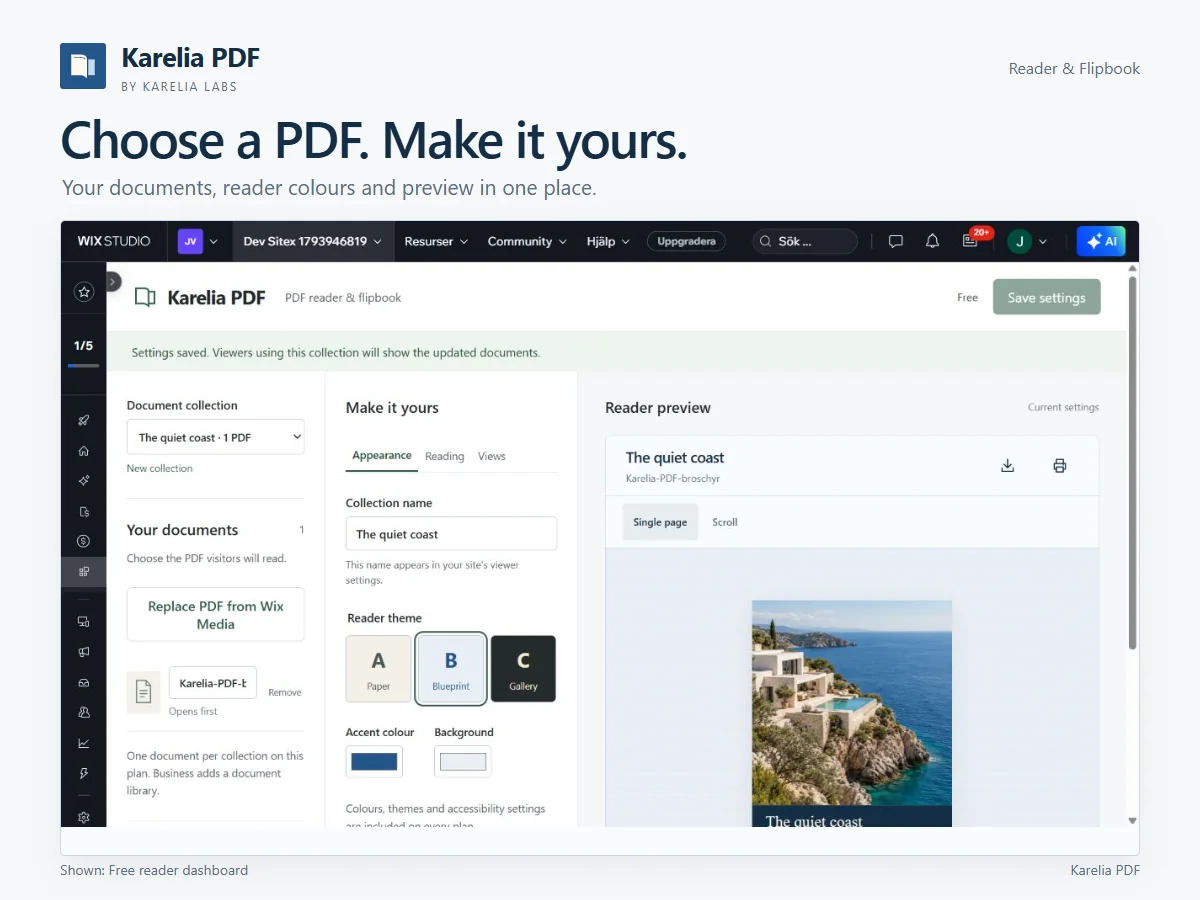 Karelia PDF dashboard in Wix with document collection, reader theme and a live reader preview
