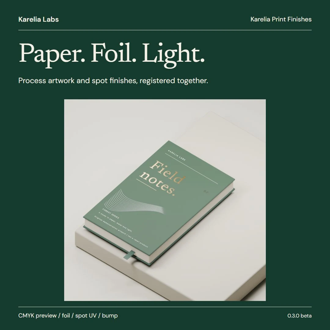 Rendered book cover with gold foil title on green paper, from the Karelia Print Finishes listing