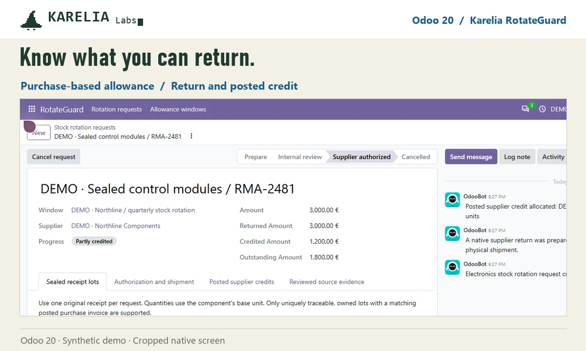 Odoo stock rotation request, supplier authorized, with the returned, credited and outstanding amounts