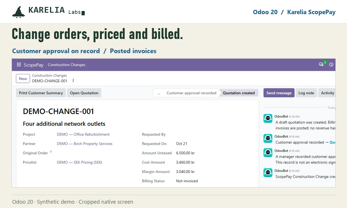 Odoo change order with project, priced lines, approval and linked quotation