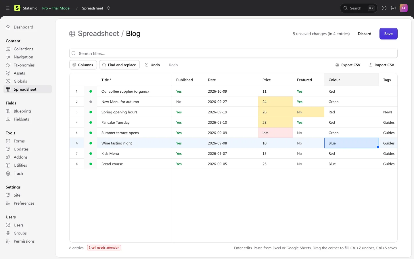 Statamic collection open as a spreadsheet with five unsaved changes highlighted in yellow and an invalid price marked red