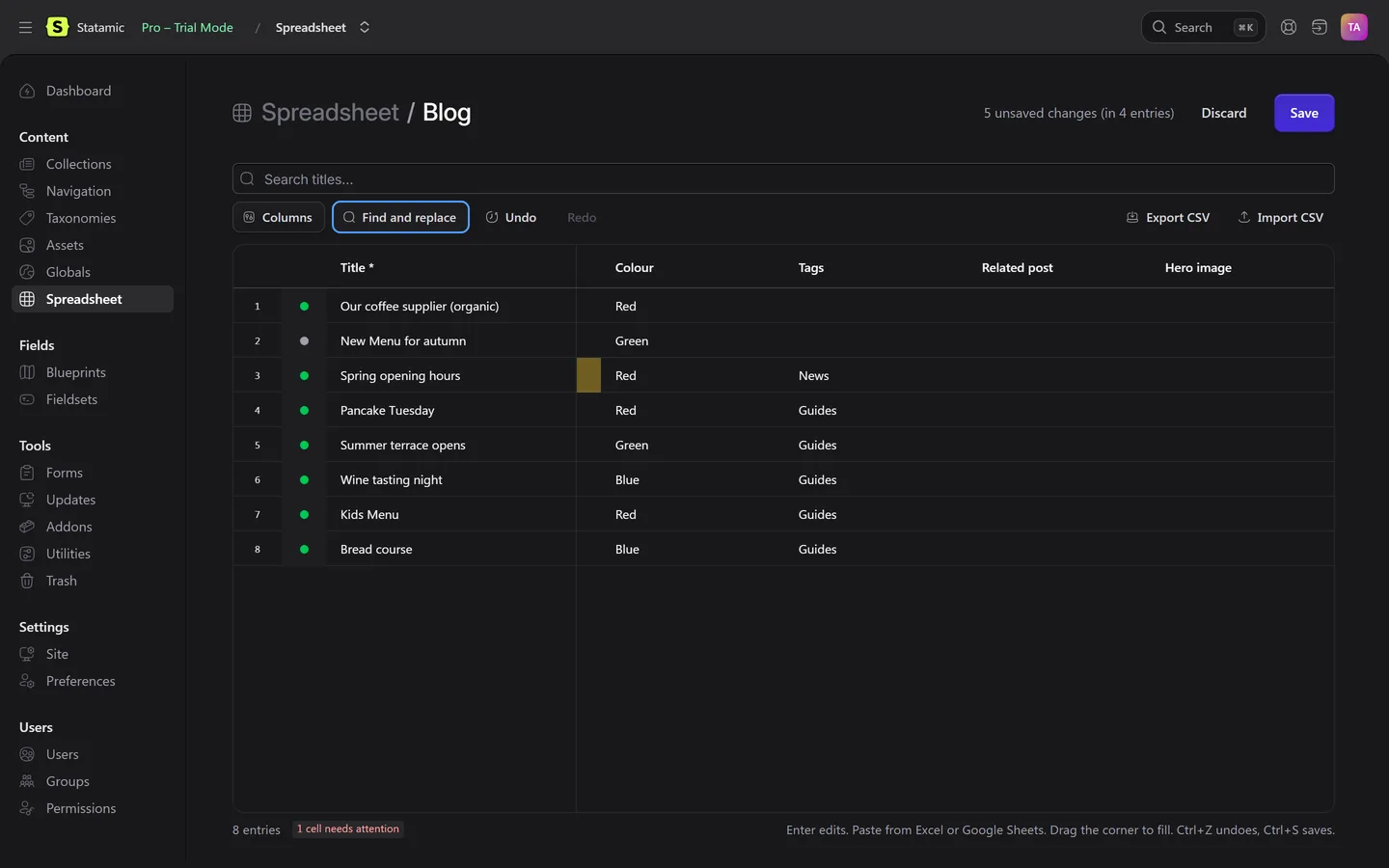 The spreadsheet in Statamic's dark mode