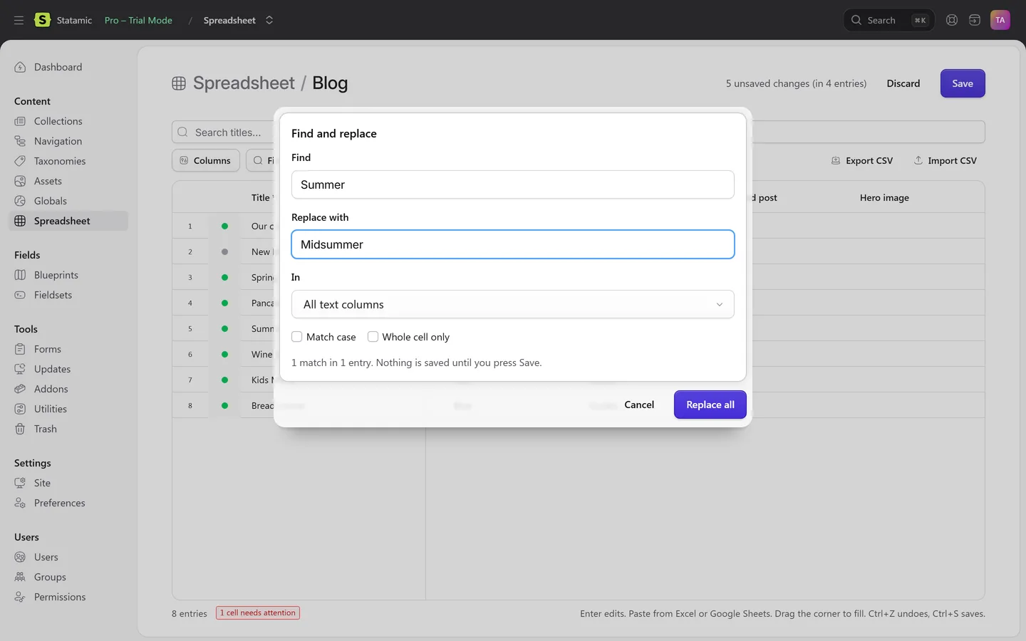 Find and replace dialog with a column choice, match case and whole cell options and a match count