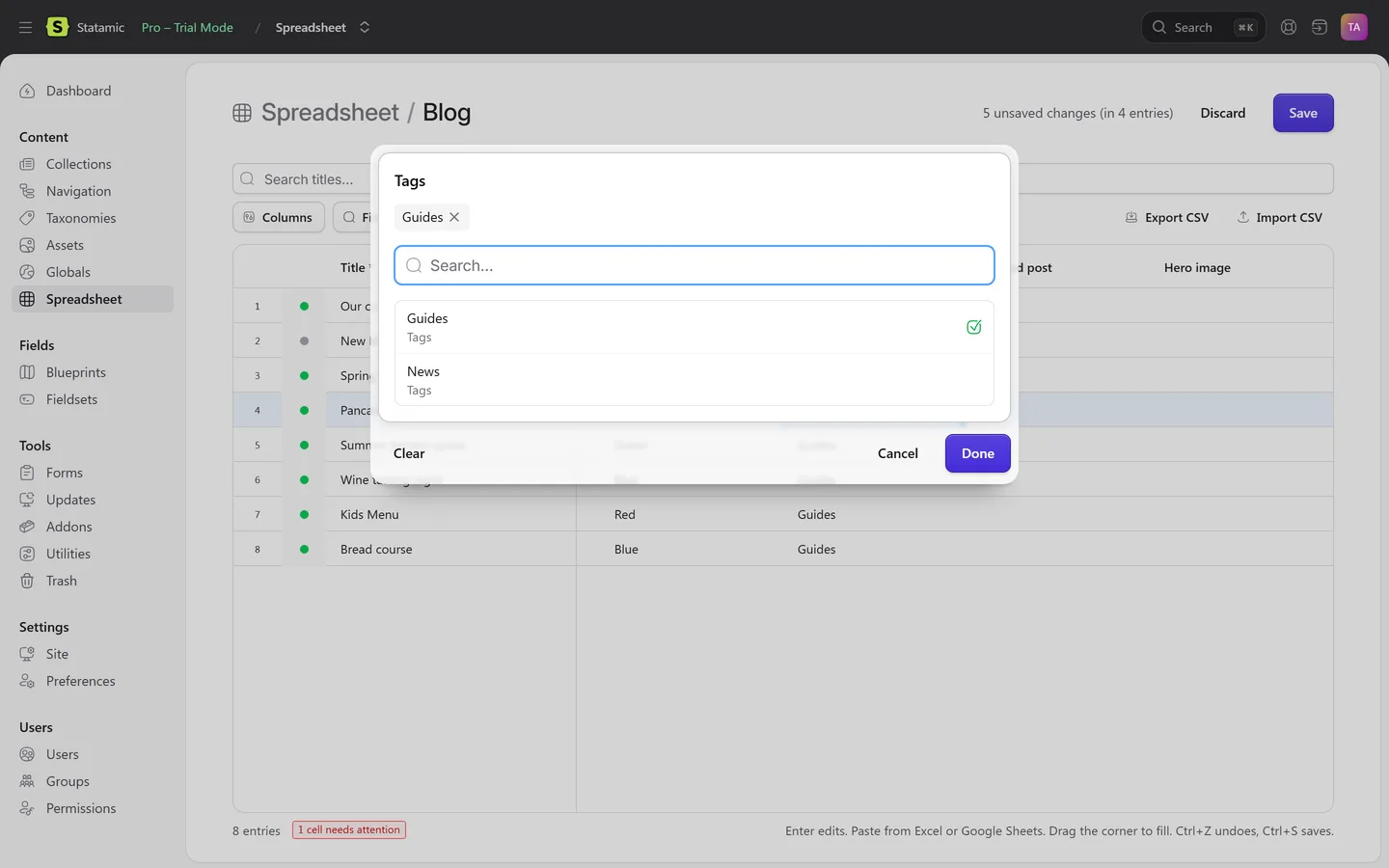 Tag picker with search open on a cell in the spreadsheet