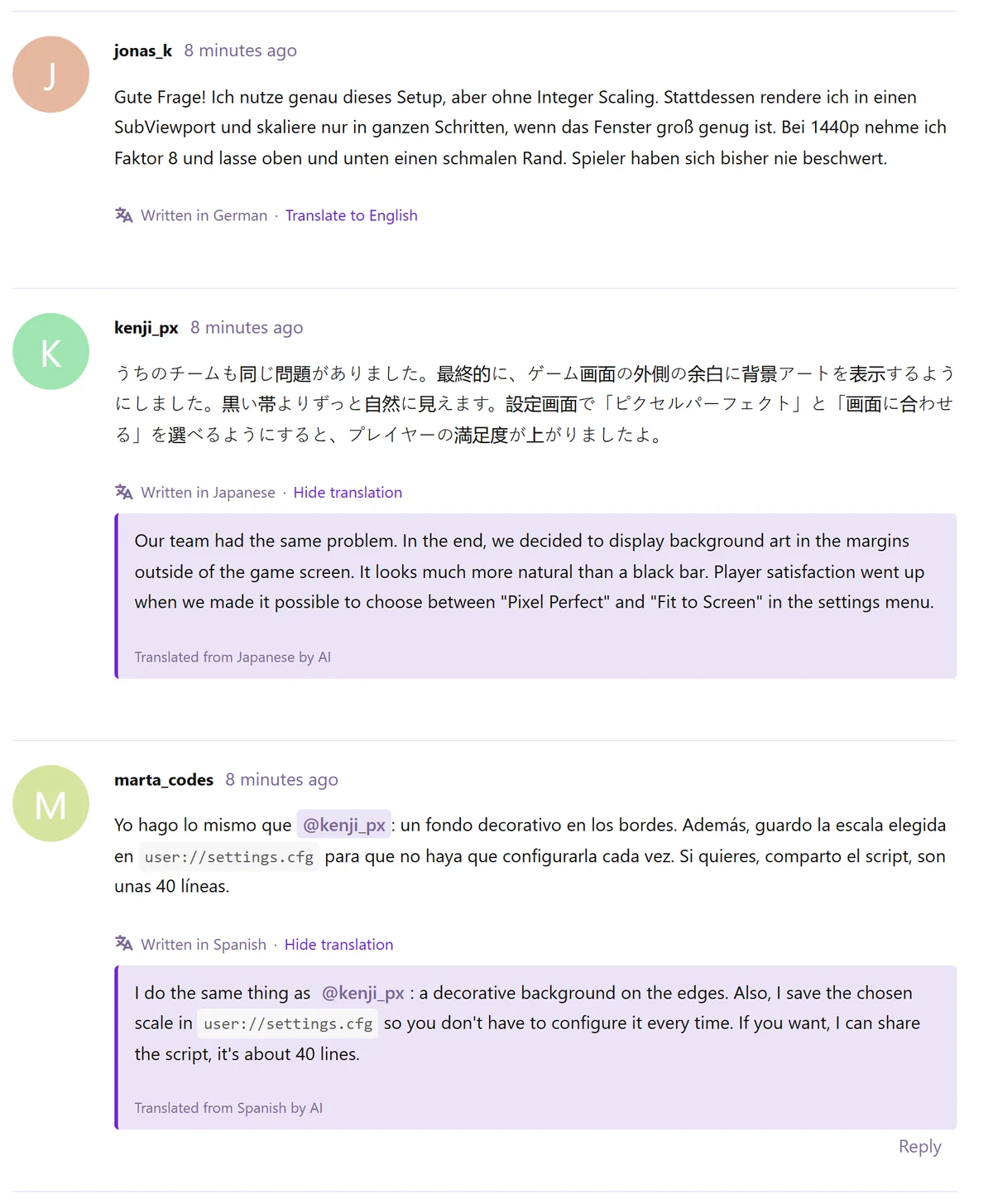 Flarum discussion with posts in German, Japanese and Spanish and Translate links
