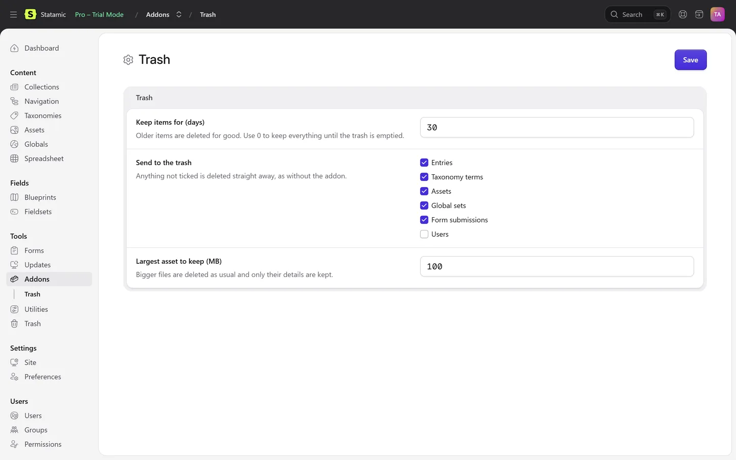 Karelia Trash settings in the Control Panel: what to keep, how long and where