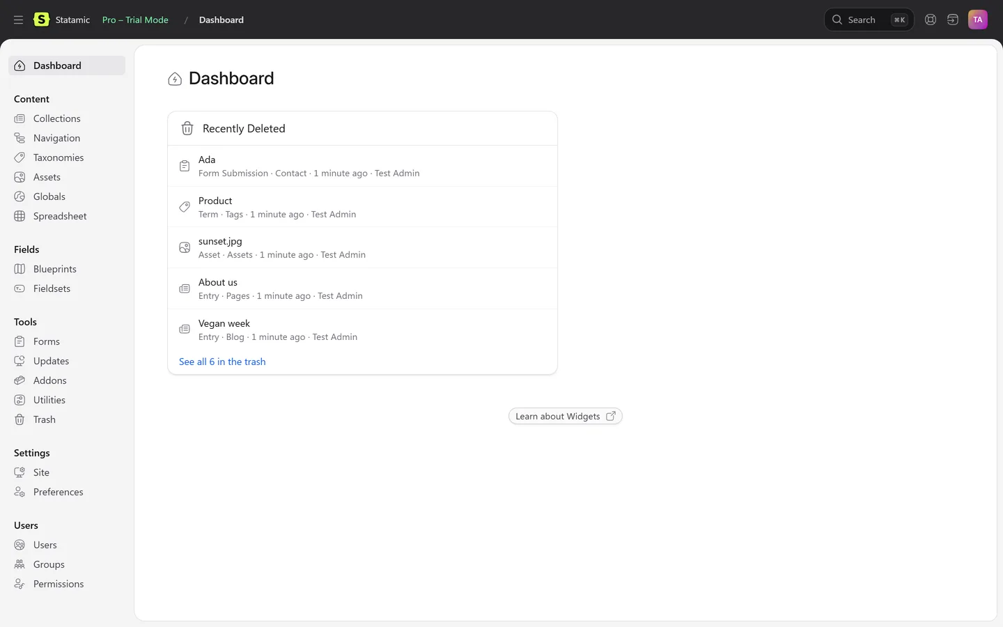 Statamic dashboard with the Recently Deleted widget: the latest deletions with type, place, time and who deleted them, and a link to the trash