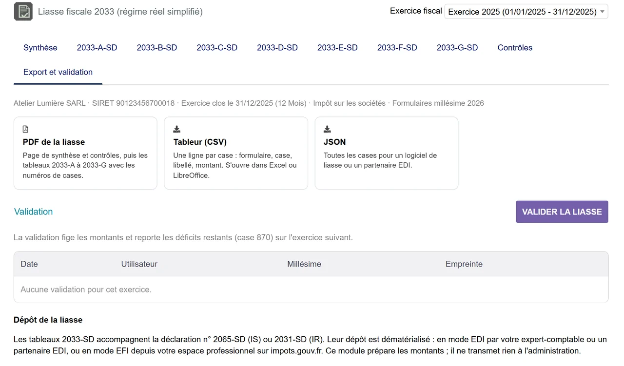 Export page with PDF, CSV and JSON downloads and the validation of the return