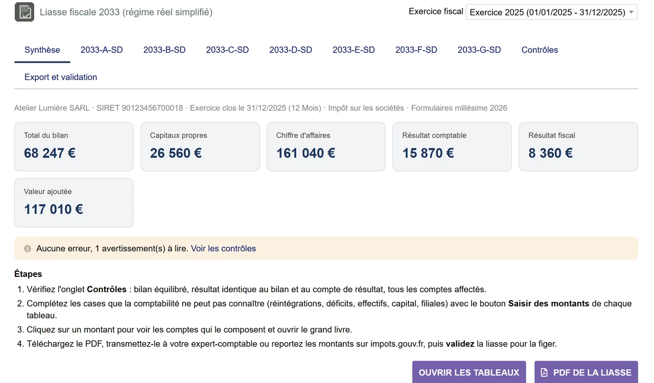 Summary of the 2033 return in Dolibarr: total balance sheet, equity, turnover, accounting and taxable result, value added