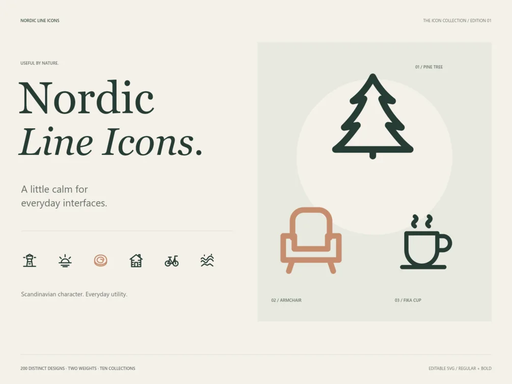 Nordic Line Icons cover with a pine tree, armchair and coffee cup icon