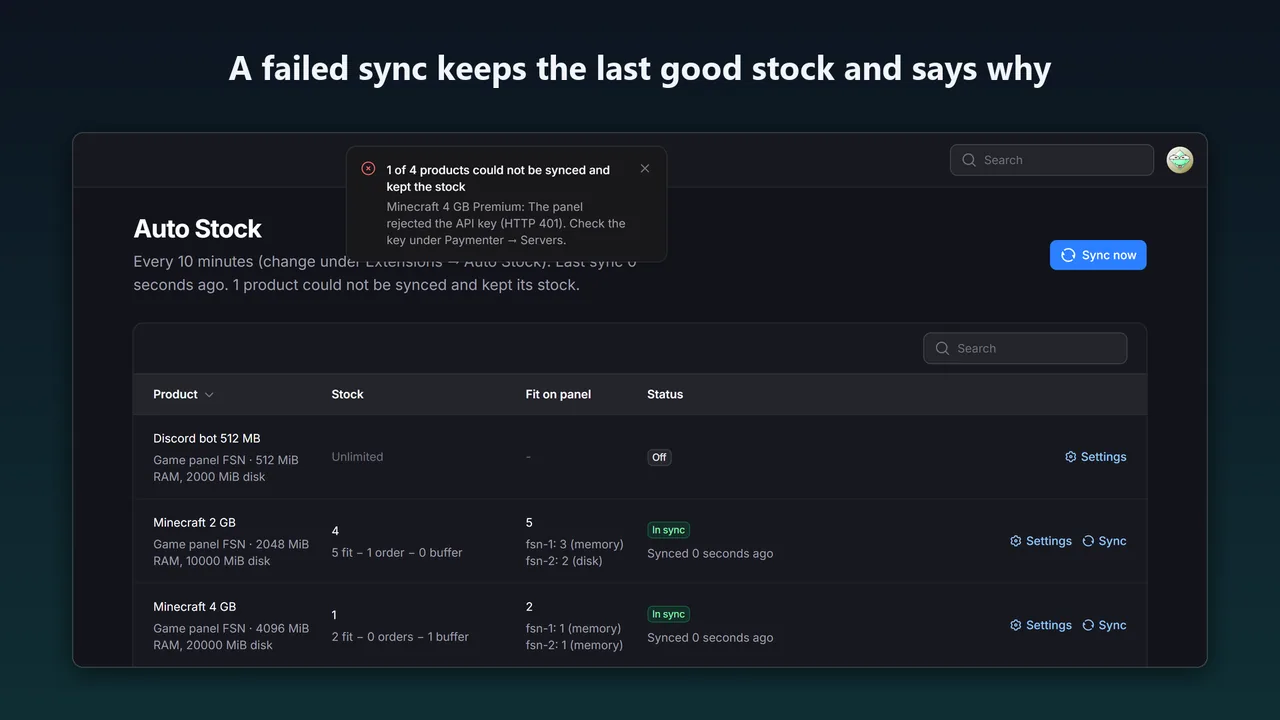 Notice that one product could not be synced because the panel rejected the API key, with its stock kept
