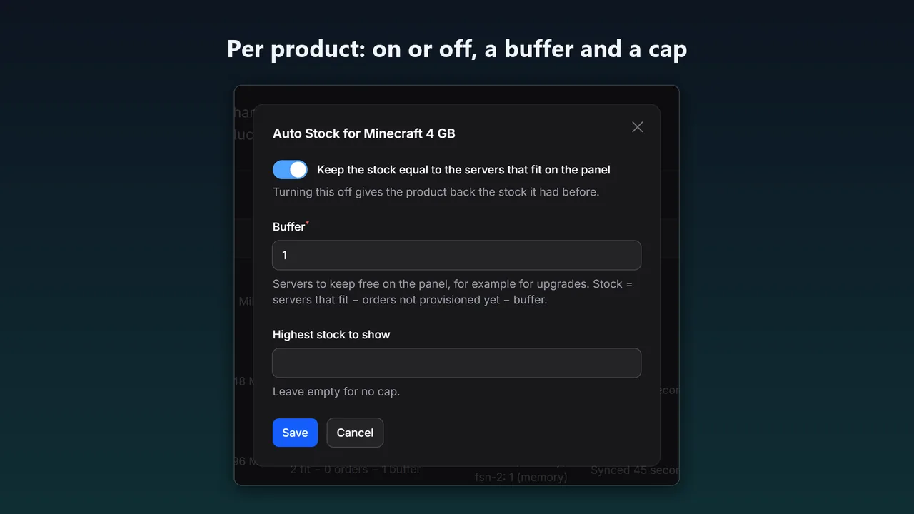 Auto Stock settings for one product: on or off, a buffer of servers to keep free and the highest stock to show