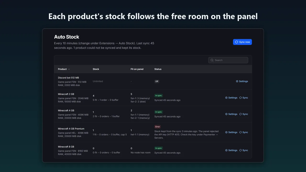 Auto Stock page listing each product's stock, how many servers fit on each node and the sync status