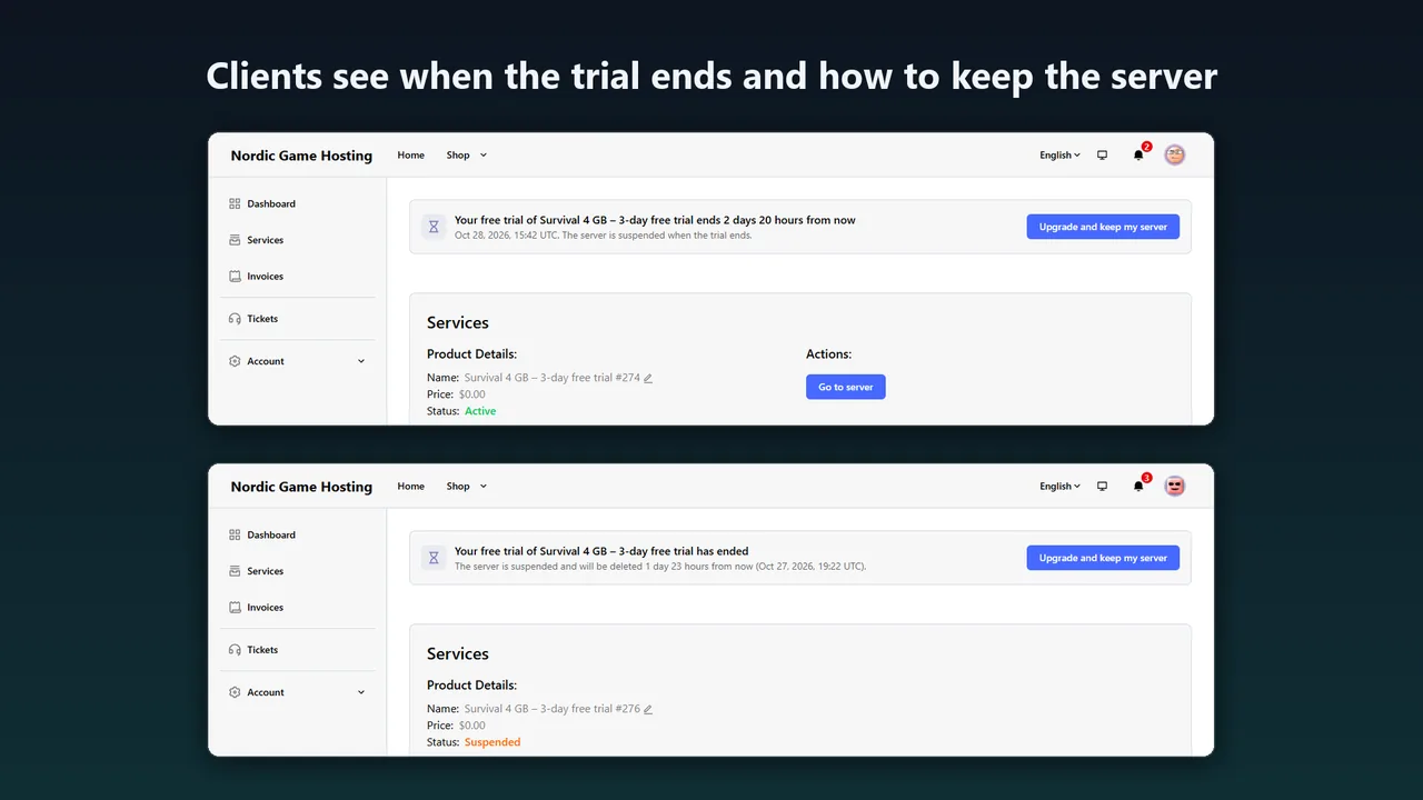 Client area banners: the trial ends in 2 days, and the trial has ended, each with an Upgrade and keep my server button