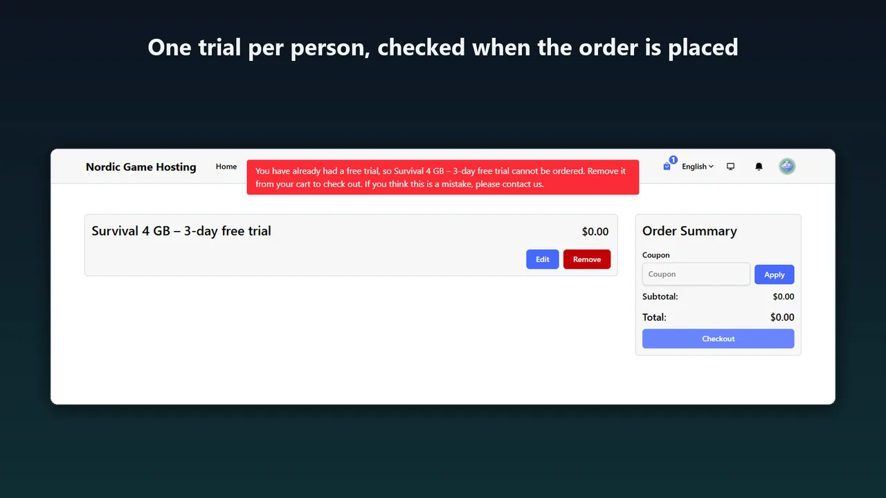 Paymenter cart with a message that the client already had a free trial, so the 3-day trial cannot be ordered