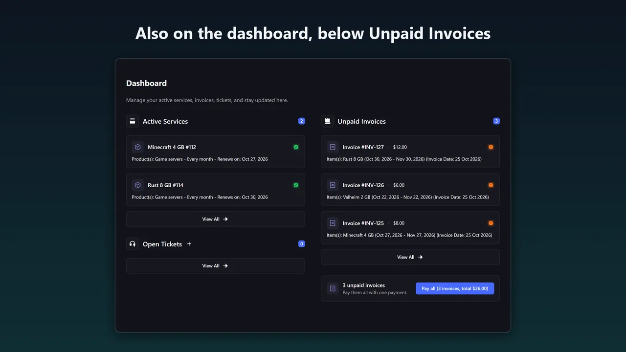 Paymenter dashboard with the Pay all button below the Unpaid Invoices list