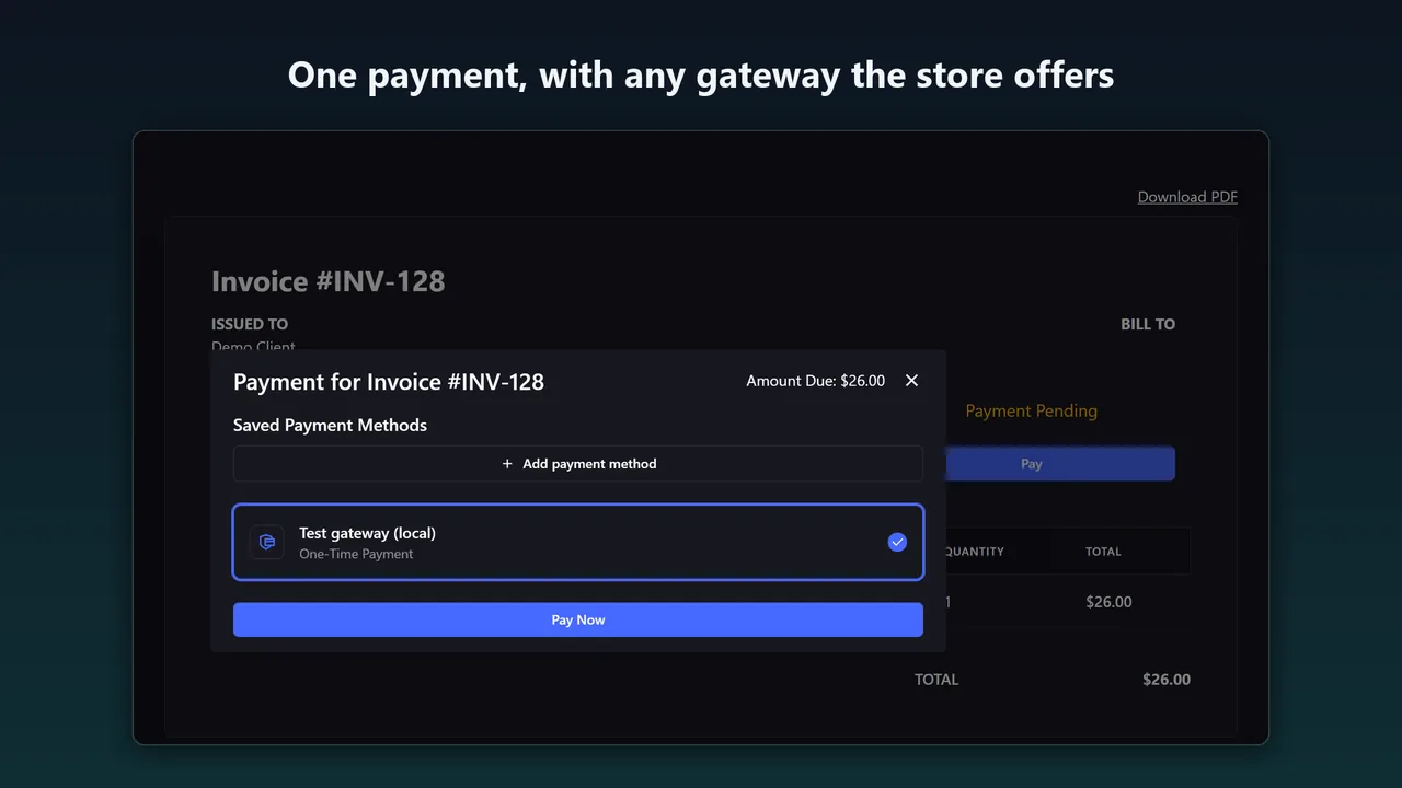 Paymenter's payment window for the combined invoice of $26.00 with a gateway selected