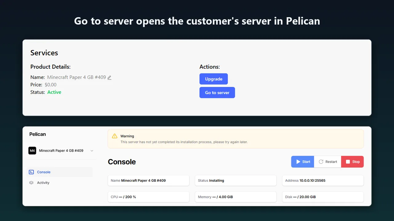 Paymenter service page with a Go to server button, and the server's console in Pelican
