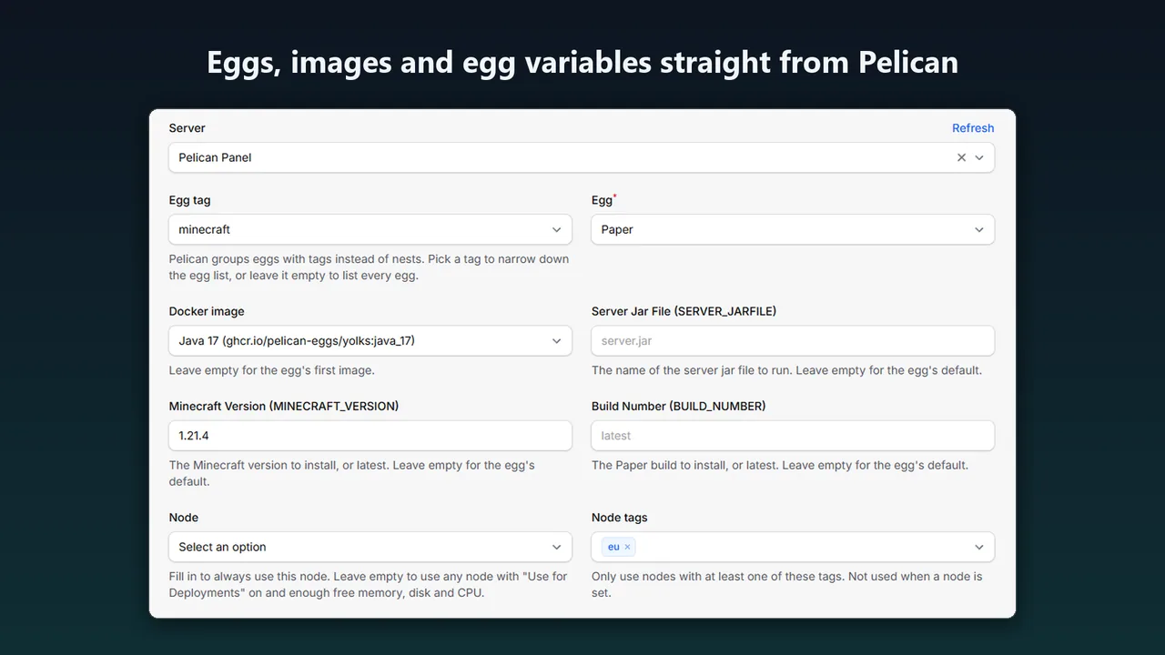 Paymenter product settings for Pelican: egg tag, egg, Docker image, egg variables, node and node tags