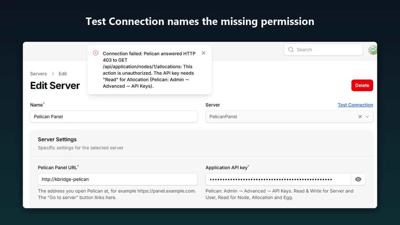 Test Connection message saying Pelican answered HTTP 403 and the API key needs Read for Allocation