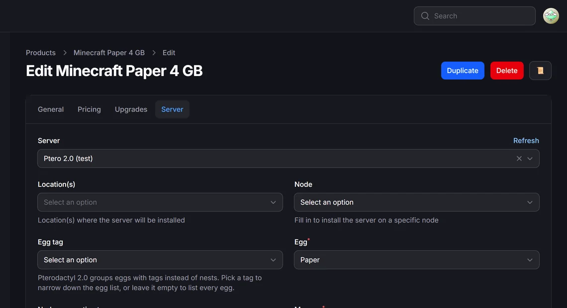 Paymenter product page with the Egg tag and Egg fields for a Pterodactyl 2.0 server