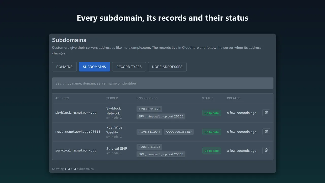 Admin list of every customer subdomain with its server, DNS records and an up-to-date status