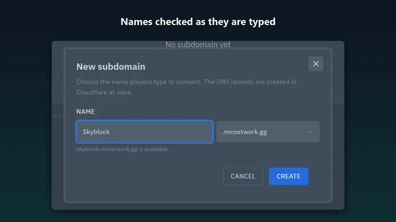 New subdomain dialog with the name Skyblock, the domain .mcnetwork.gg and a note that the name is available