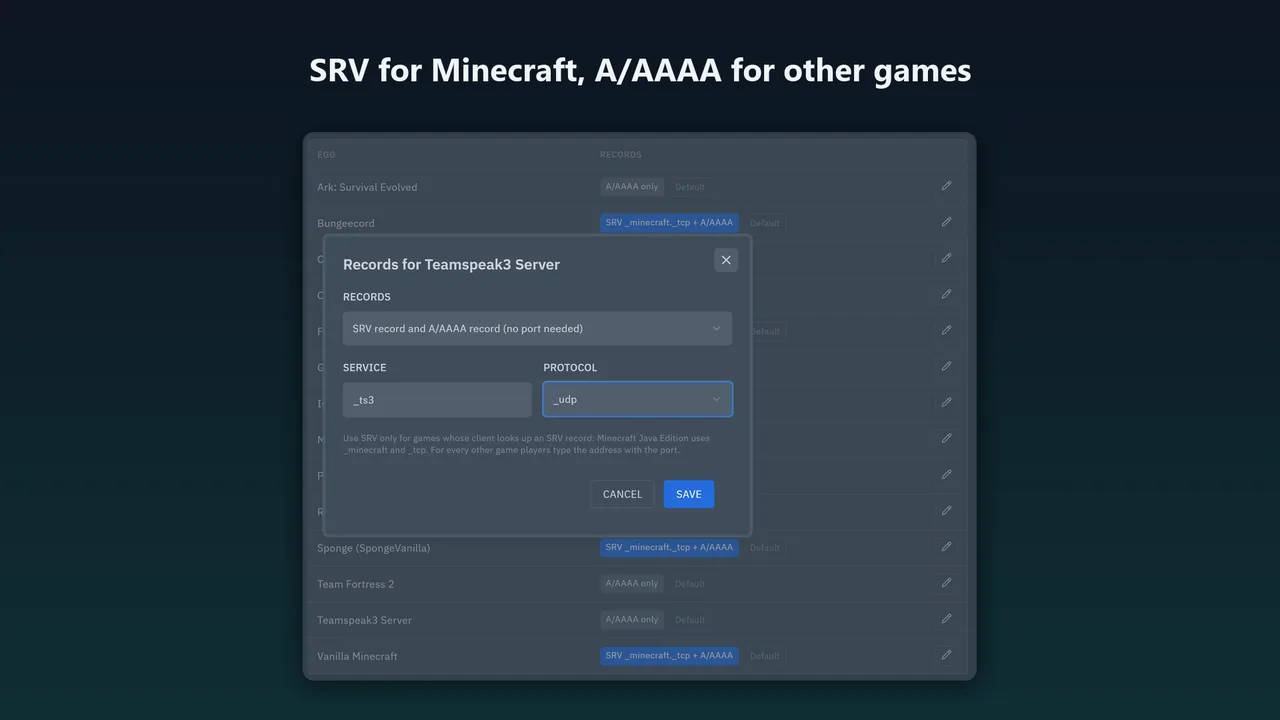 Record types per egg: SRV with A/AAAA for Minecraft eggs and A/AAAA only for other games