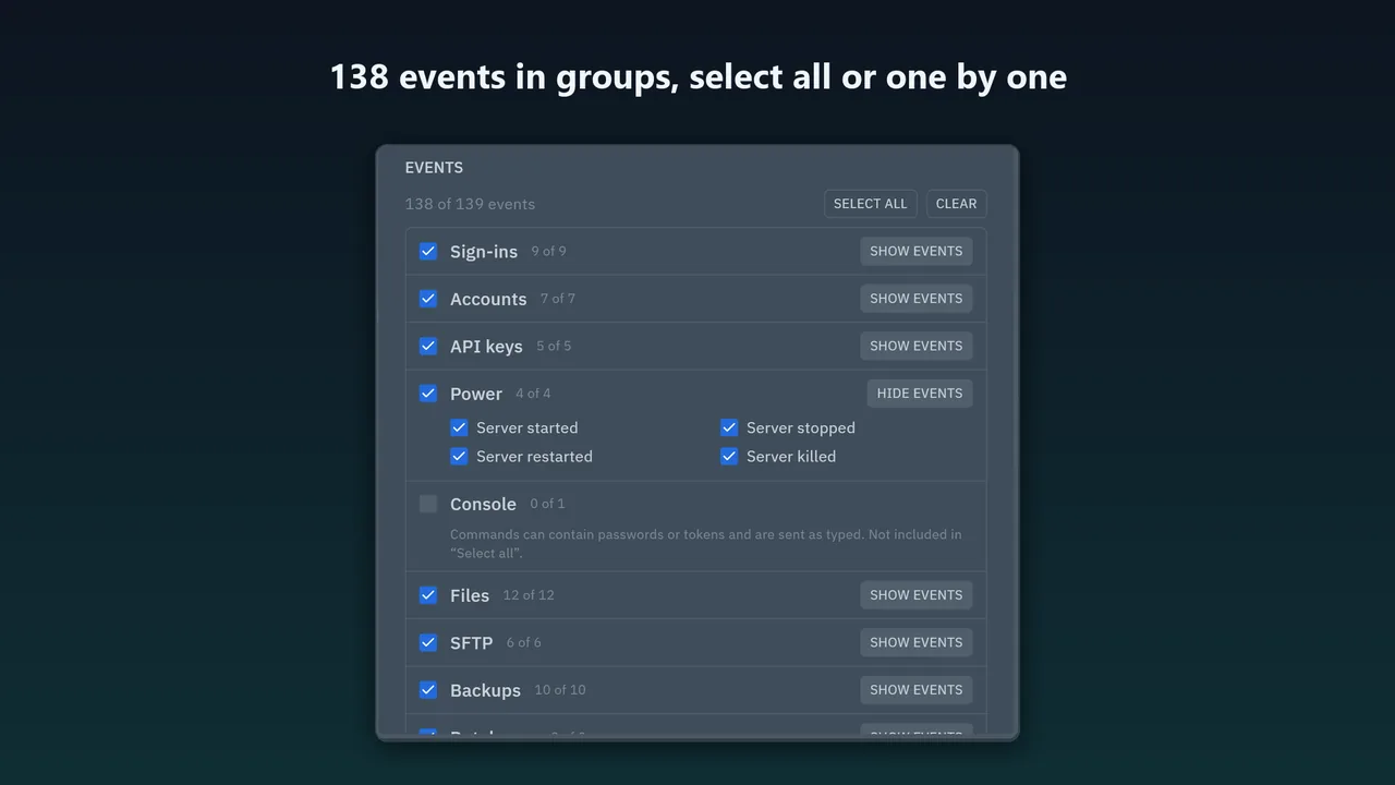 Event picker with groups such as Sign-ins, Accounts, API keys, Power, Files, SFTP and Backups; Console left out