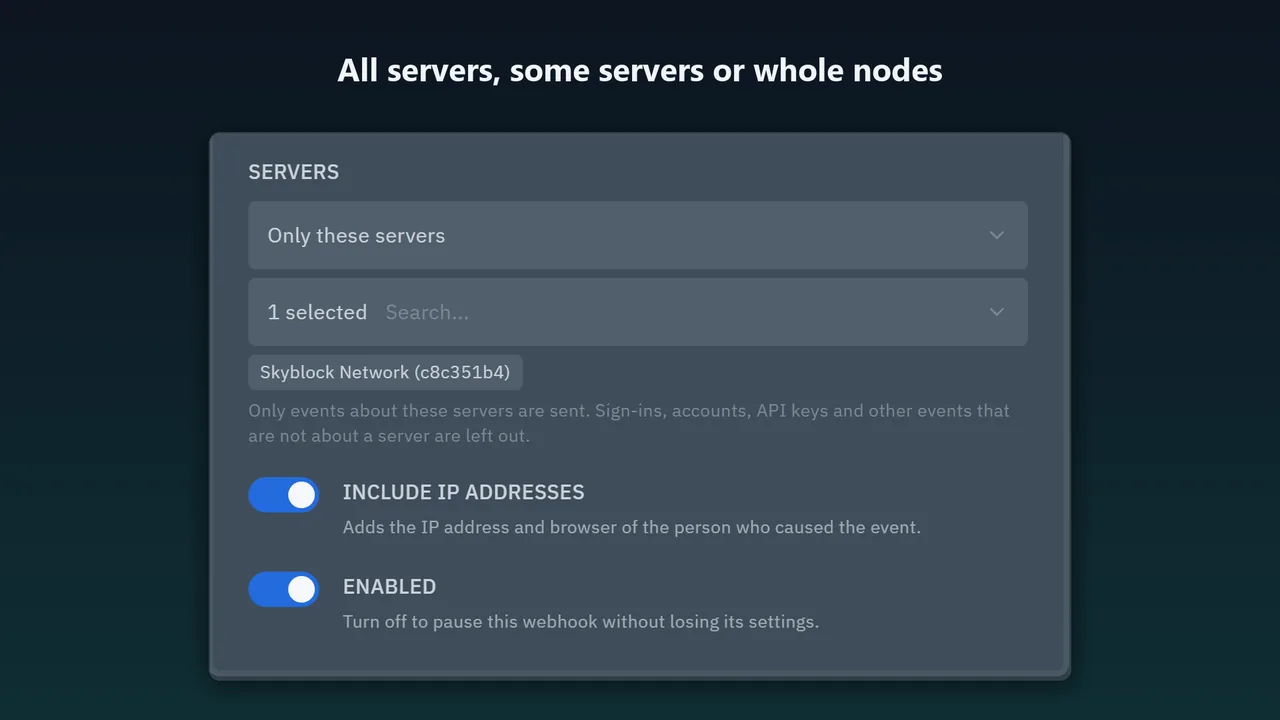 Webhook settings limited to one selected server, with switches for IP addresses and enabled